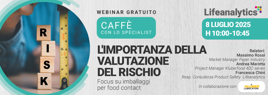 Immagine di cubi in legno con la scritta risk e un metro che misura, simbolo del webinar Product Safety di Lifeanalytics su
