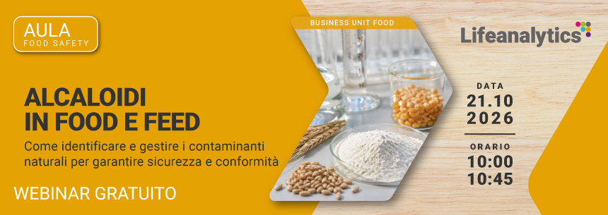 Immagine di cereali, farine, legumi e campioni alimentari in ambiente di laboratorio, simbolo del webinar gratuito Lifeanalyti