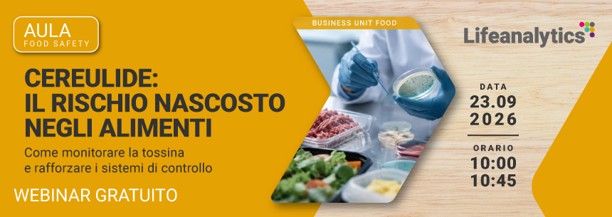 Immagine di un’operatrice di laboratorio durante l’analisi microbiologica di campioni alimentari, simbolo del webinar gratuito Lifeanalytics Business Unit Food dedicato al rischio Cereulide negli alimenti, al monitoraggio della tossina e al rafforzamento dei sistemi di controllo