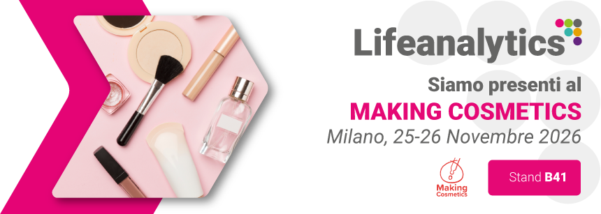 Immagine di flaconi e trucchi cosmetici che promuove la fiera Making cosmetics della business unit cosmetic and m