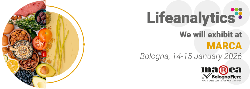 Foods displayed on a table — including fruit, vegetables, meat, fish, and nuts — representing the MARCA trade fair, where Lifeanalytics 