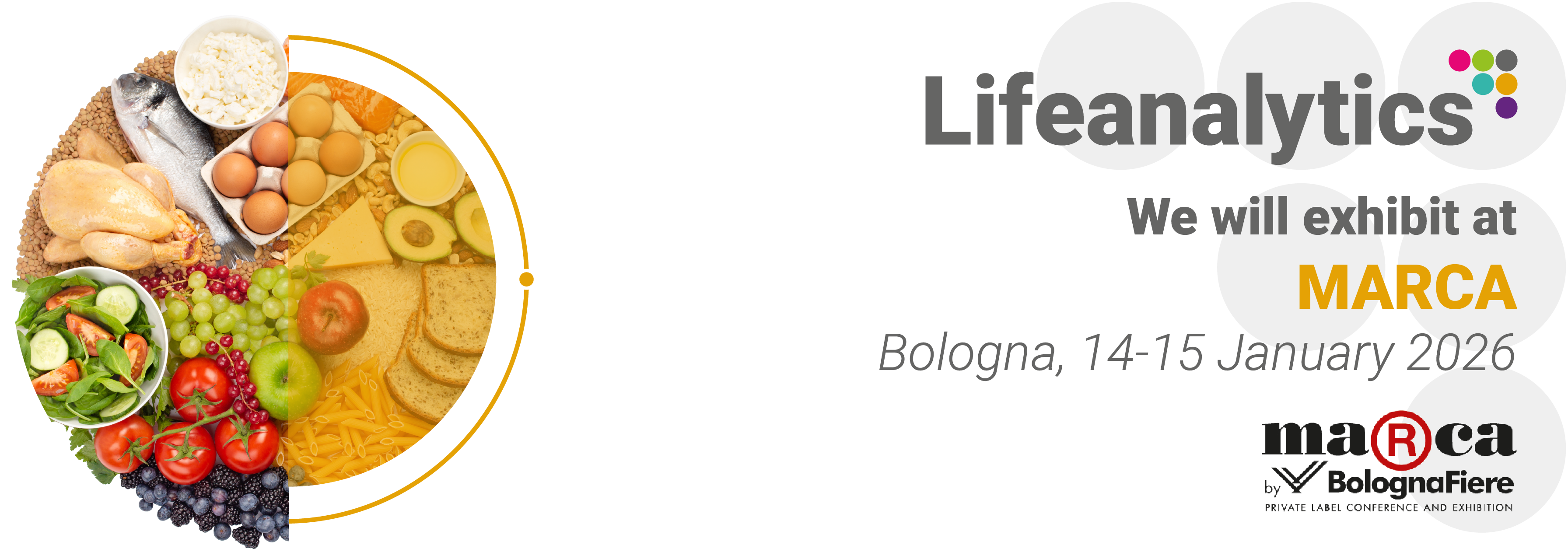 Foods displayed on a table — including fruit, vegetables, meat, fish, and nuts — representing the MARCA trade