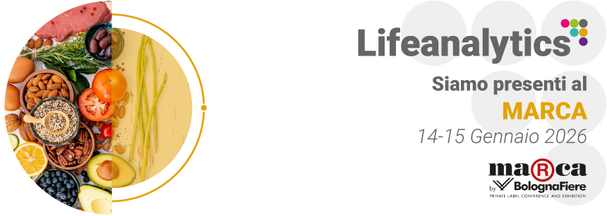 Alimenti distesi su tavolo, in particolare frutta, verdura, carne, pesce e frutta secca, simbolo della fiera Marca a cui partecipa Lifeanalytics con la business unit food a gennaio 2026