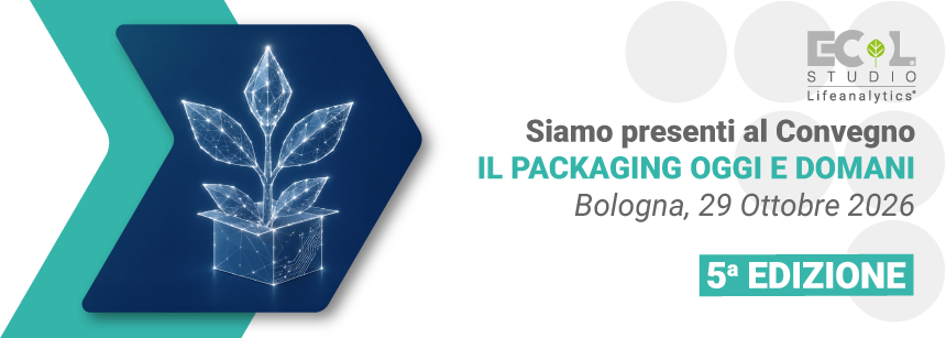 Immagine di un germoglio di pianta con foglie che esce da una scatola in cartone in stile wireframe brillante su sfondo blu, simbolo del convegno il packaging oggi e domani 2026 quinta edizione organizzato dalla business unit Product Safety di Ecol Studio Lifeanalytics