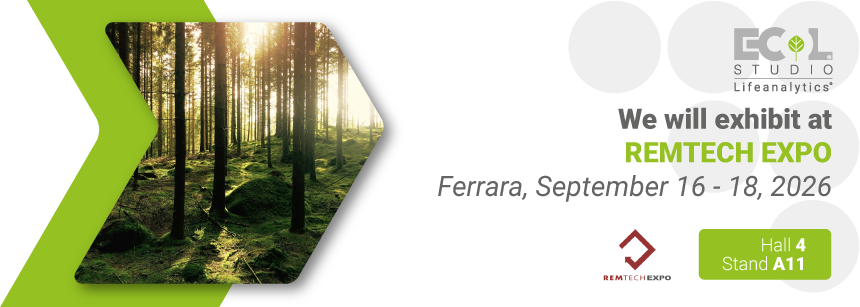 Image of a forest of trees with soft light and shadows inside a green arrow graphic, symbol of the Remtech fair where we will be present with the EHS business unit of Ecol Studio_Lifeanalytics, next 16-18 September 2026 in Ferrara