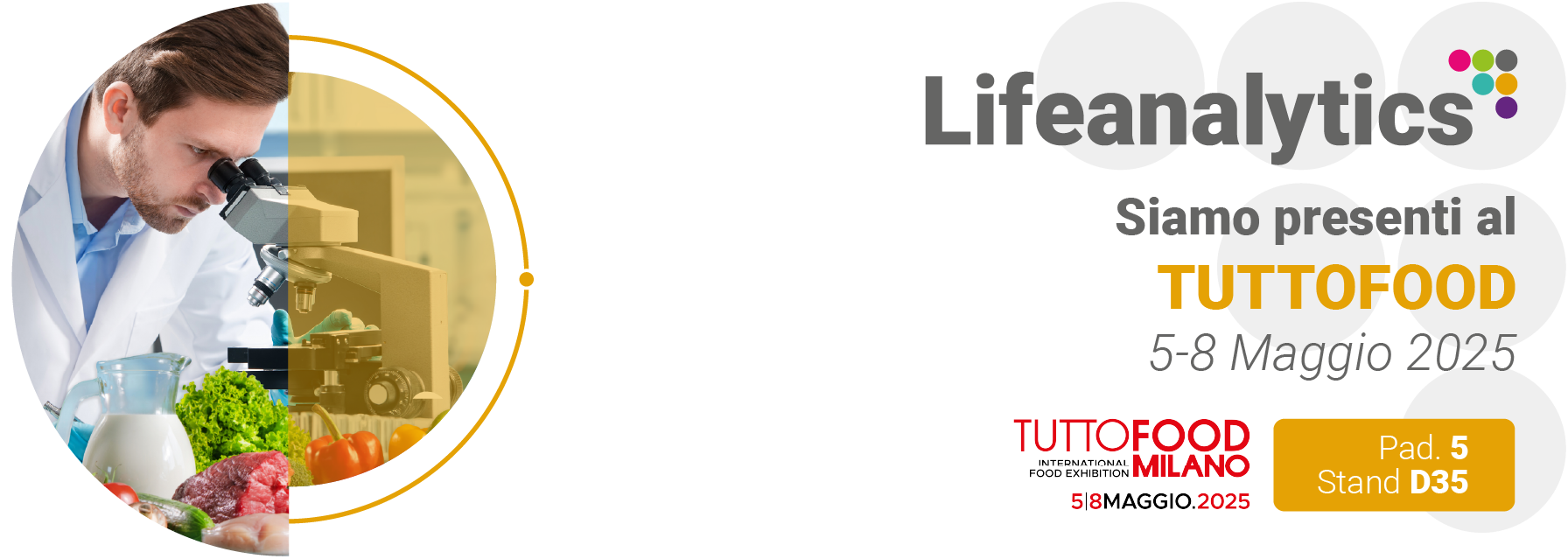 Tecnico di laboratorio che analizza alimenti, simbolo della fiera Tutto Food a cui partecipa Lifeanalytics con la business unit food