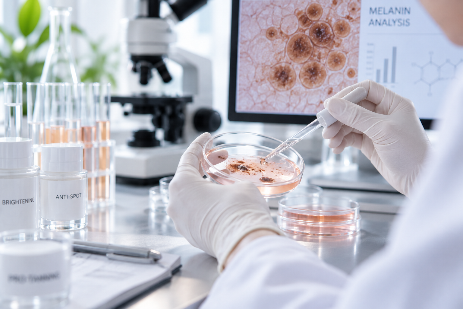 Analisi di laboratorio della pigmentazione cutanea e della melanina, simbolo dell’articolo del blog dedicato alla melanogenesi, ai test di efficacia e alla valutazione di prodotti cosmetici pro-tanning, schiarenti e anti-macchia nell’ambito della business unit Cosmetic & Medical Device di Lifeanalytics.