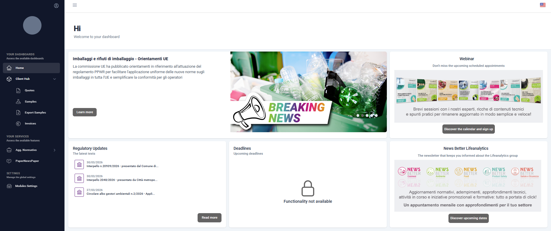 The image shows the dashboard of the MY.LIFEANALYTICS Reserved Area, designed with a modern, clear interface focused on quick and easy access to information