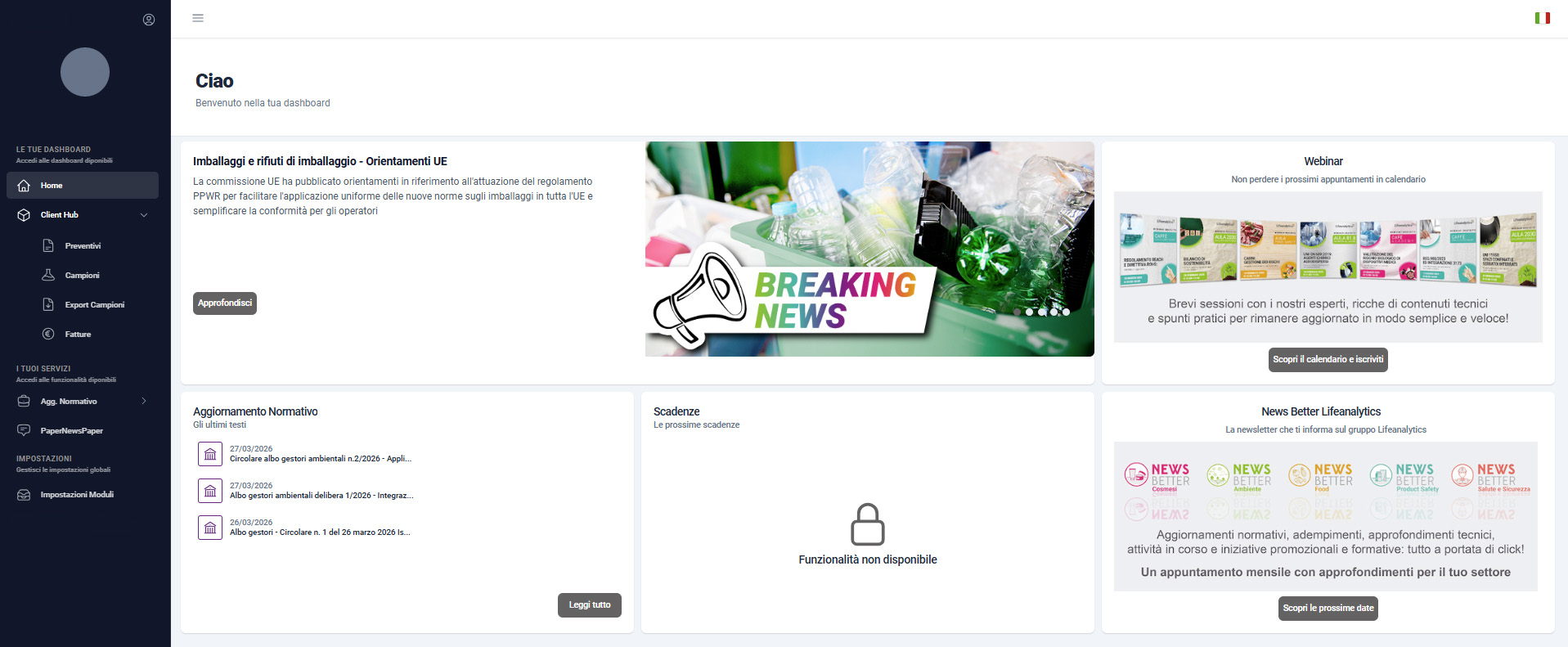 L’immagine mostra la dashboard dell’Area Riservata MY.LIFEANALYTICS, progettata con un’interfaccia moderna, chiara e orientata alla consultazione rapida delle informazioni