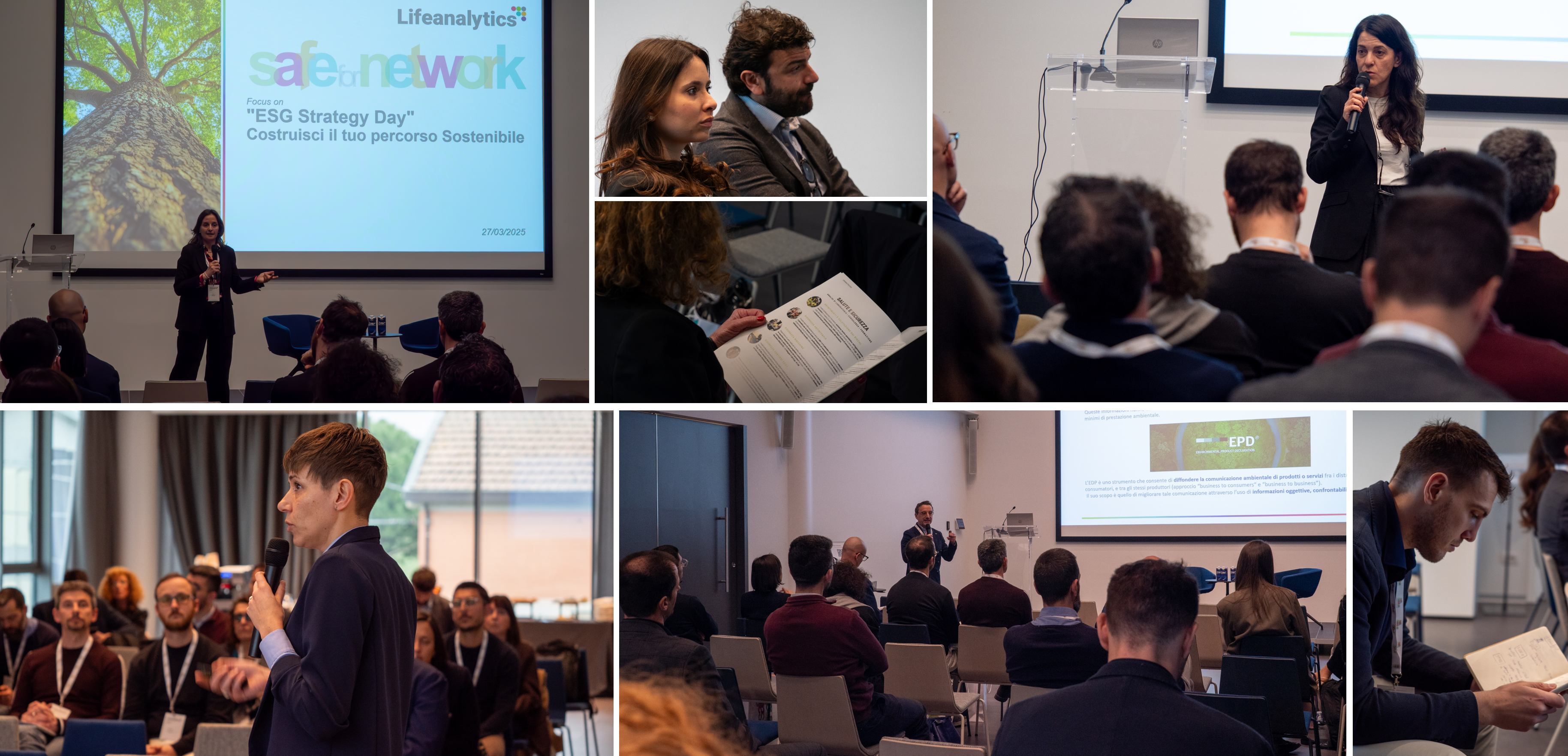Collage di immagini dei partecipanti all'evento Safe for Network focus on: “ESG Strategy Day" intenti ad eseguire una attività di sustainability game