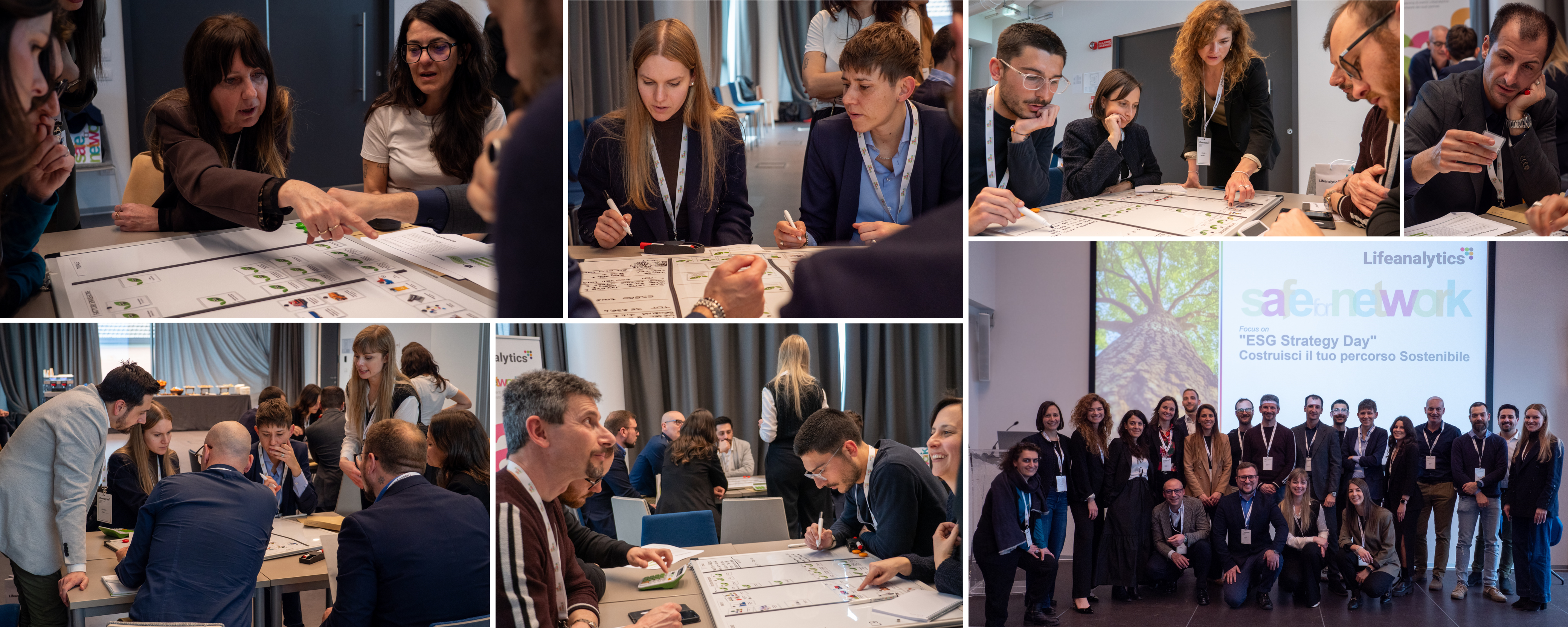 Collage di immagini dei partecipanti all'evento Safe for Network focus on: “ESG Strategy Day" intenti ad eseguire una attività di team building