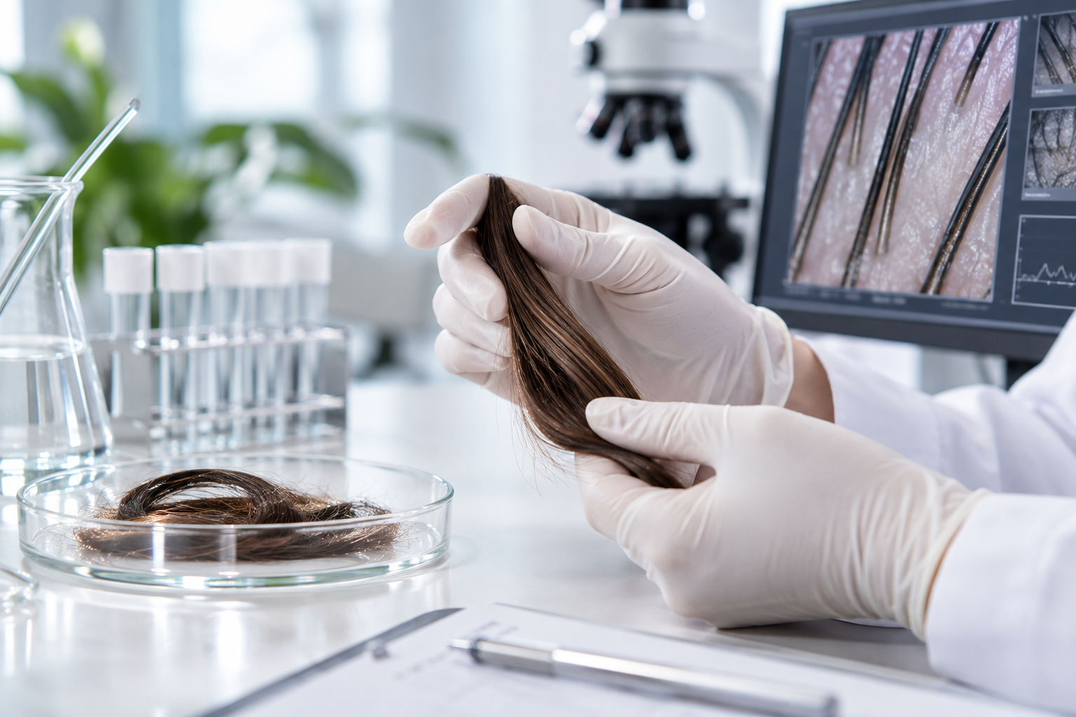 Analisi di laboratorio su campioni di capelli con strumentazione scientifica, simbolo dell’articolo del blog dedicato all’Hair & Scalp Care, ai test di efficacia e alla valutazione strumentale dei prodotti cosmetici nell’ambito della business unit Cosmetic & Medical Device di Lifeanalytics.