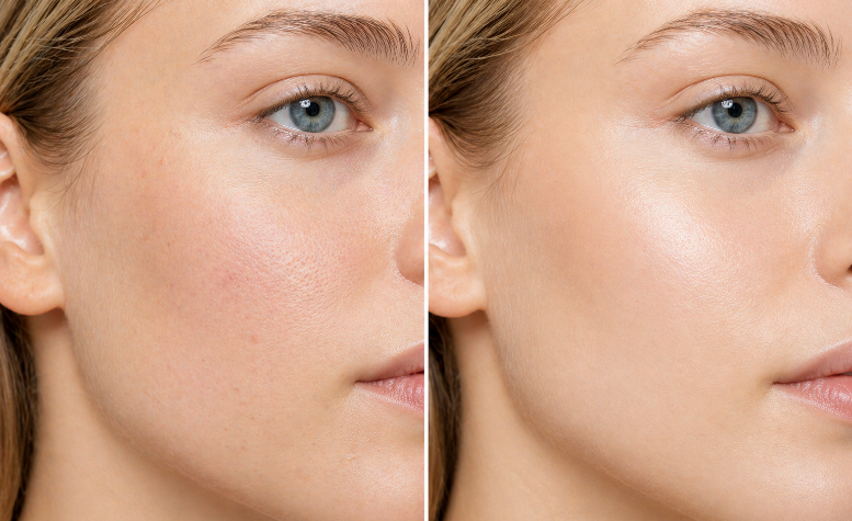 Immagine di un primo piano comparativo del viso di una donna: a sinistra pelle con pori visibili e leggere imperfezioni, a destra incarnato più uniforme e luminoso dopo trattamento skincare, simbolo dell’articolo del blog dedicato a come potenziare l'output degli studi clinici con l'AI rendering della business unit cosmetic & medical device di Lifeanalytics