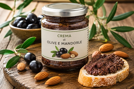 Immagine di un barattolo in vetro contenente crema di olive e mandorle sopra un tagliere e tavolo rustico in legno con a fianco olive e mandorle intere d un crostino di pane con crema spalmata, simbolo dell'allerta per casi di botulismo da tossine prodotte da Clostridium botulinum