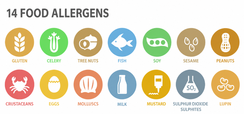 Infografica con icone rappresentative dei 14 allergeni alimentari obbligatori previsti dal Regolamento UE 1169/2011, tra cui glutine, crostacei, uova, pesce, latte, soia, arachidi, frutta a guscio, sedano, senape, sesamo, solfiti, lupini e molluschi, simbolo dell'articolo del blog della Business Unit Food di Lifeanalytics dedicato alla normativa, all'etichettatura e alla gestione del rischio allergeni.