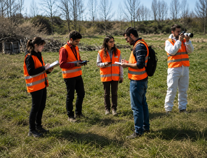 Tecnici con giubbotti ad alta visibilità impegnati in attività di rilevazione e monitoraggio ambientale sul territorio, immagine simbolica dell’articolo dedicato alla gestione delle emissioni odorigene, alla valutazione dell’impatto olfattivo e alle strategie di monitoraggio della business unit EHS.
