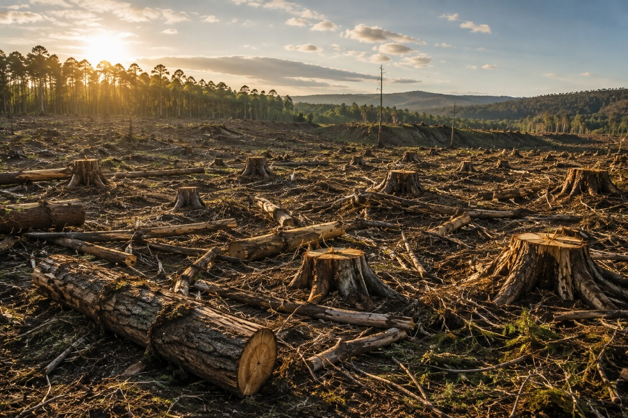 Area forestale disboscata con ceppi e tronchi di alberi abbattuti, immagine simbolica dell’articolo della business unit EHS dedicato al Regolamento EUDR (UE 2023/1115), alla prevenzione della deforestazione e alla tracciabilità e sostenibilità delle filiere produttive