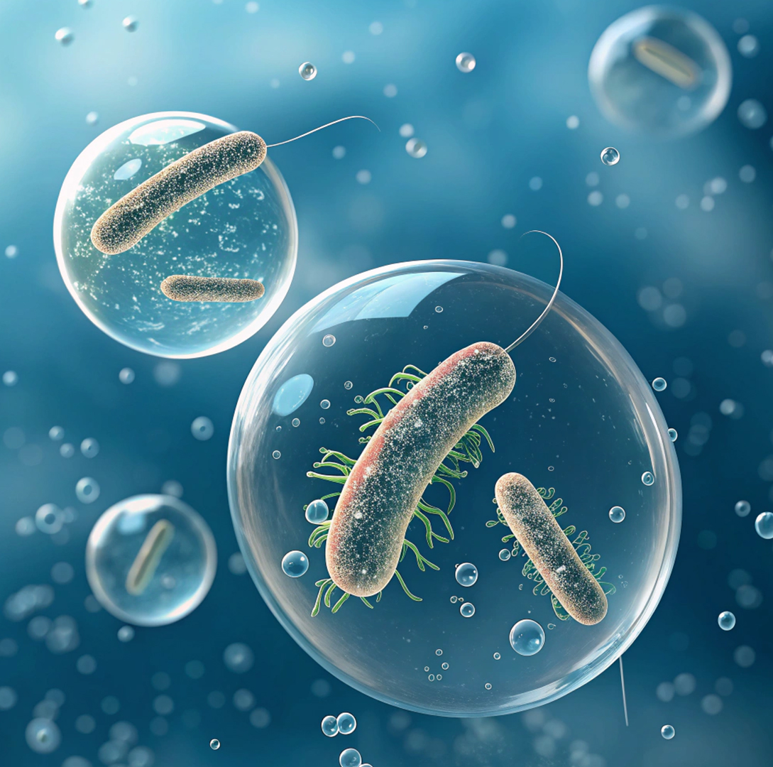 Immagine 3D di batteri della Legionella in sospensione in acqua, circondati da bolle e ambienti cellulari, simbolo del rischio biologico