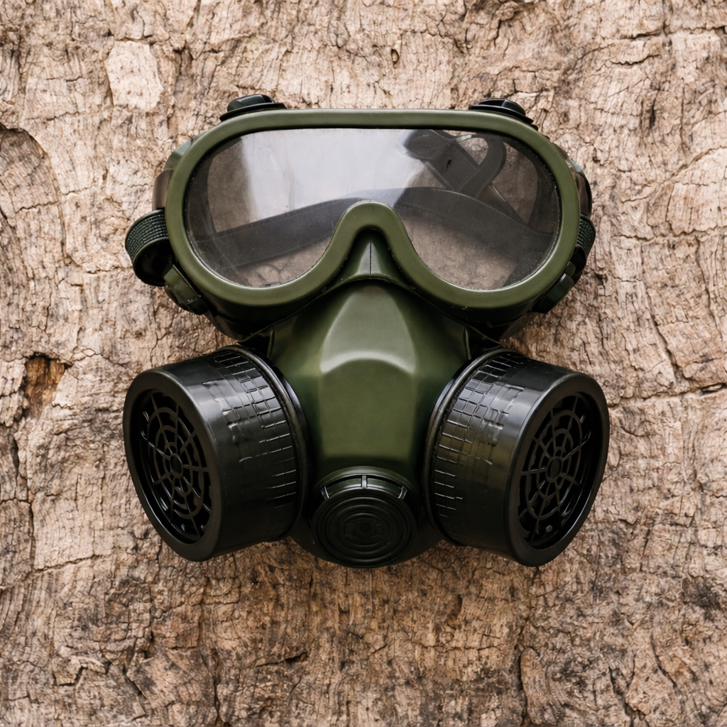 Maschera antigas verde con doppio filtro frontale appesa su una superficie in legno, simbolo di protezione da gas e sostanze pericolose.