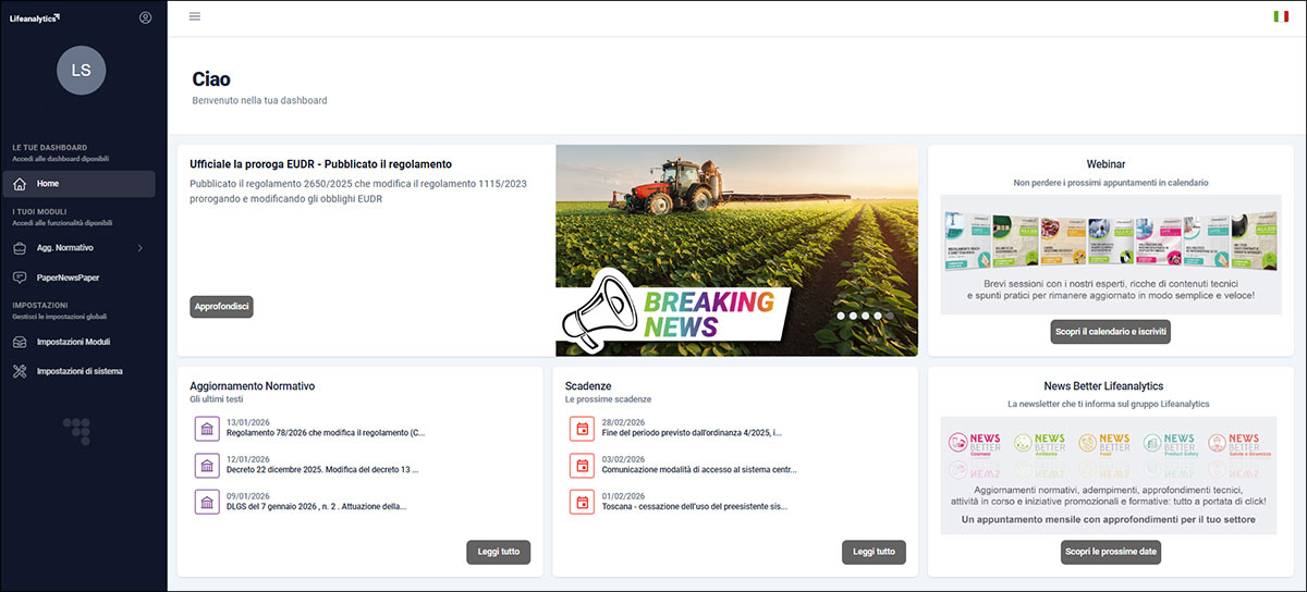 Immagine che rappresenta la Dashboard dell'area riservata My Lifeanalytics dedicata all'Aggiornamento Normativo e PaperNewsPaper