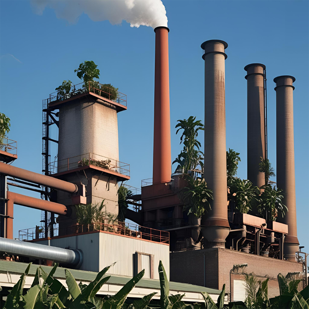 Immagine di una fabbrica industriale con camini che emettono fumo, impreziosita da piante che crescono sulle sue strutture, simbolo degli adempimenti ambientali e l'impatto sul mondo circostante