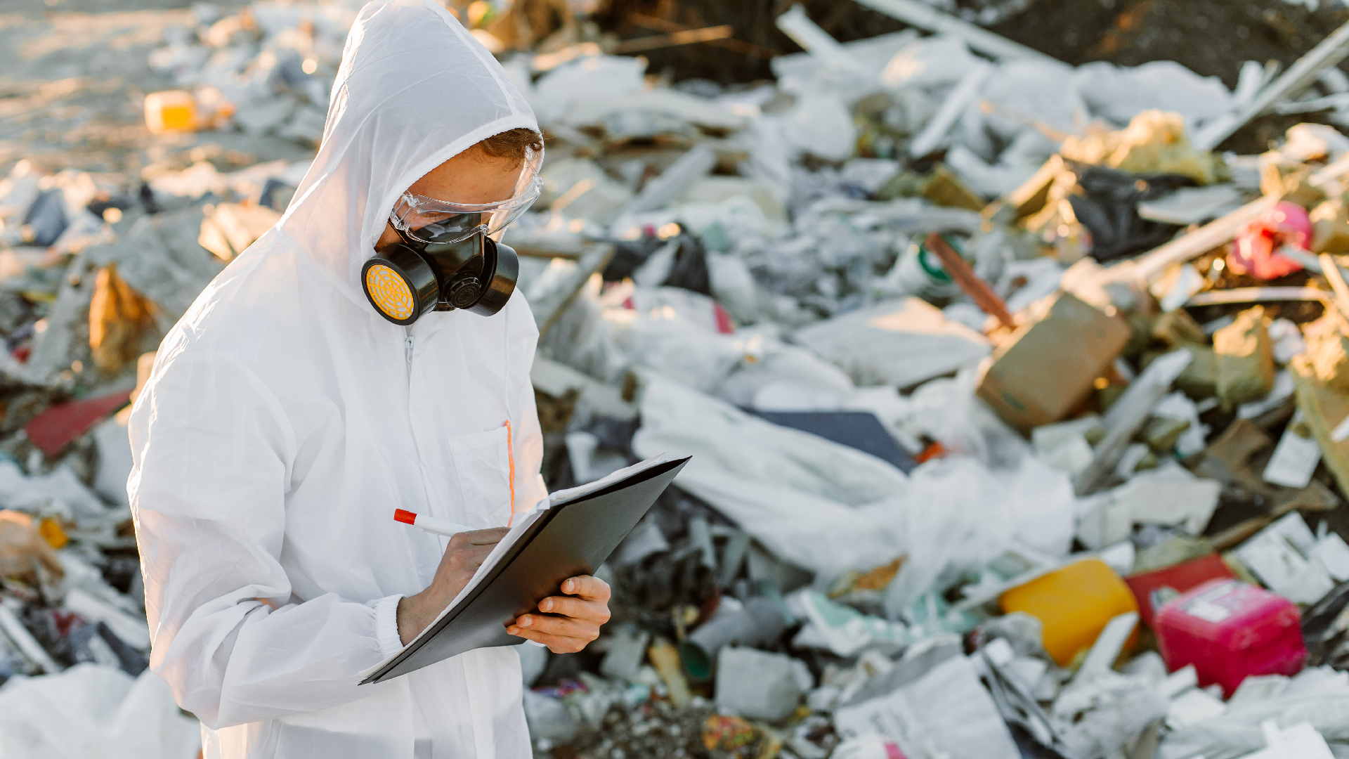 Operatore che effettua un controllo rigoroso per la corretta manipolazione, stoccaggio e smaltimento dei rifiuti, simbolo del Testo Unico Ambientale e il riferimento alla normativa italiana