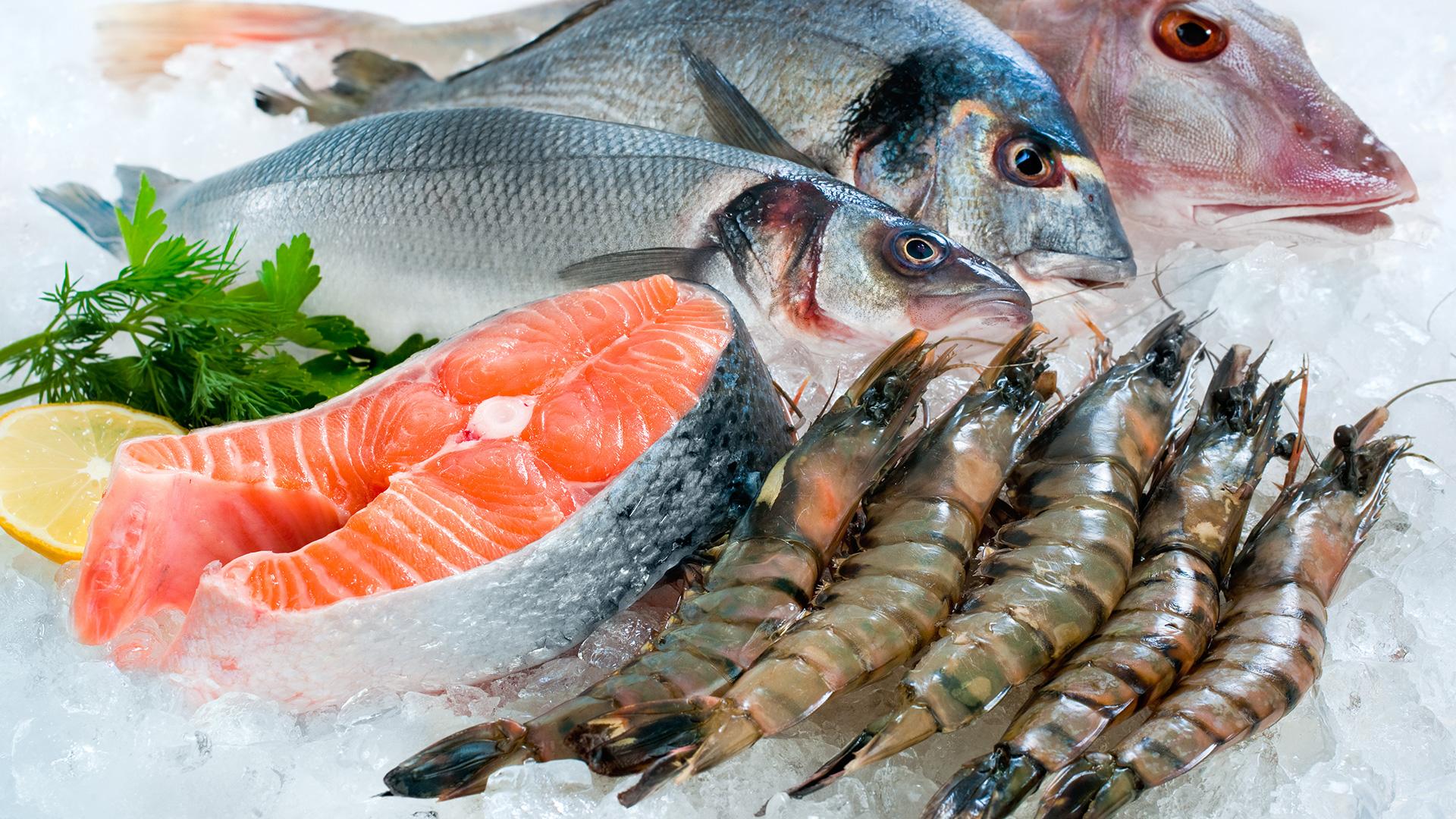 Fresh fish on ice with salmon steaks, shrimps, whole fish, and garnishes of lemon and parsley, symbol of Lifeanalytics' fish industry service
