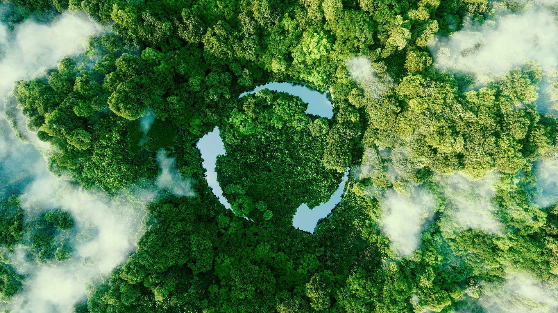 Vista aerea di una fitta foresta verde con un lago naturale a forma di simbolo del riciclo, simboleggiante la sostenibilità ambientale