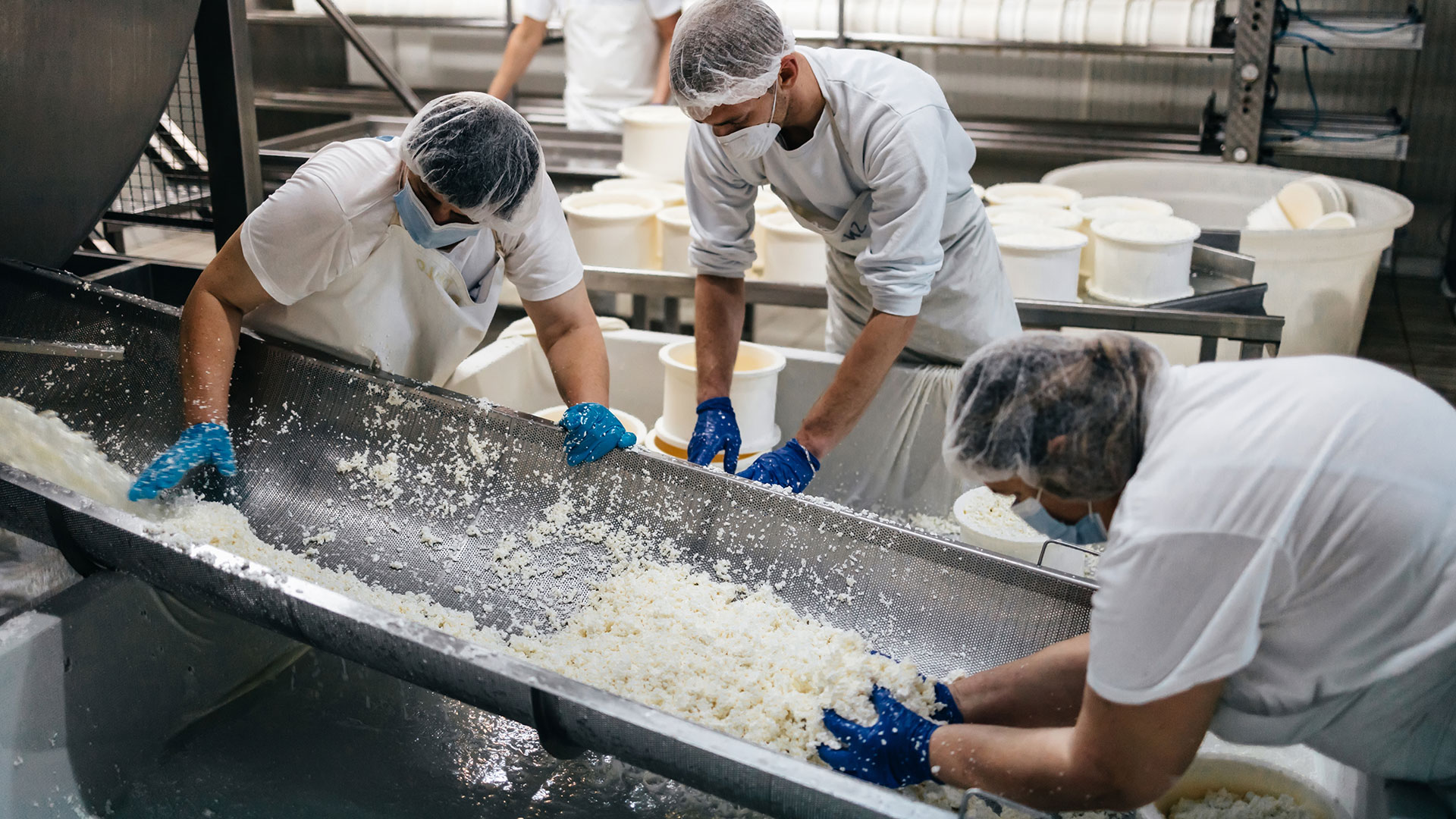 Tre tecnici addetti ad un macchinario alimentare con protezioni, intento ad eseguire il proprio lavoro al macchinario di un caseificio, simbolo del servizio dedicato alle verifiche e validazioni di processo in campo