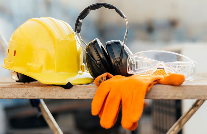 Dispositivi di protezione individuale su un banco da lavoro: casco giallo, cuffie antirumore, occhiali protettivi e guanti arancioni, simbolo dell'articolo del blog EHS di Lifeanalytics sulla Pubblicazione in GU del Nuovo Accordo Stato Regioni