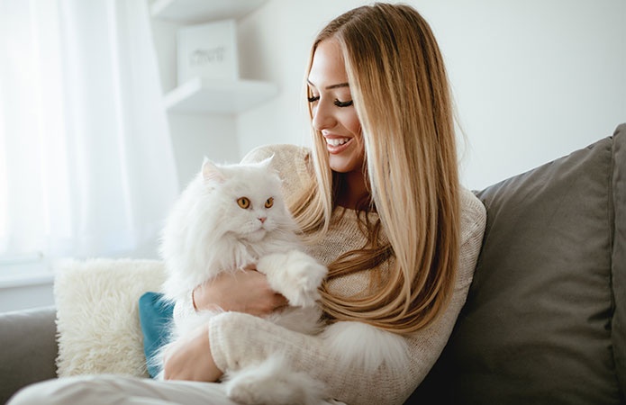 Ragazza che tiene in braccio un gatto di colore bianco, simbolo dell’articolo del blog dedicato al petcare, cura e sicurezza nell’ambito della business unit cosmetic & medical device di Lifeanalytics.