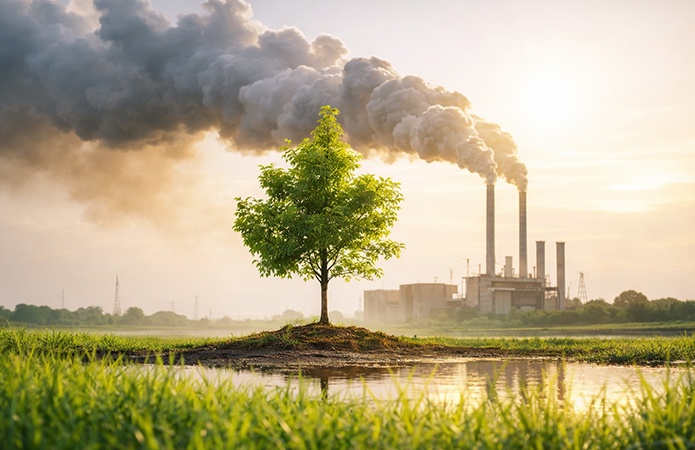 Panorama di un lago con un albero sulla riva e una fabbrica con le ciminiere fumanti sullo sfondo, immagine simbolica dell’articolo dedicato all'inventario GHG e come misurare le emissioni per governare la sostenibilità della business unit EHS