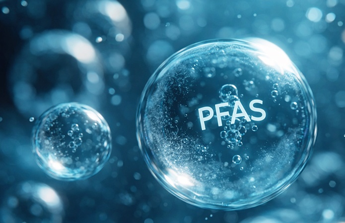 Rappresentazione simbolica di molecole PFAS in ambiente acquoso, simbolo dell'articolo del blog della business unit food dell’articolo sulle novità normative e sugli impatti del DLgs 102/2025 per il settore alimentare
