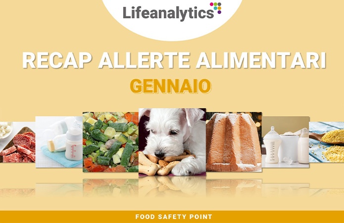 Insieme di fotografie con richiamo al cibo solido, liquido o cibo per animali, simbolo dell'articolo del blog della business unit food sulle allerte alimentari di gennaio 2026