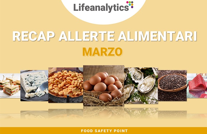 Insieme di fotografie con richiamo a gelato, latte, gamberetti, uova, colla di pesce e acciughe, simbolo dell'articolo del blog della business unit food sulle allerte alimentari di marzo 2026