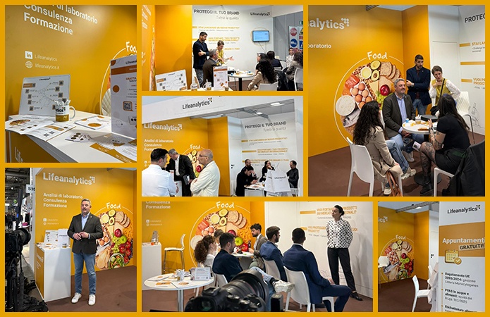 Collage di scatti e immagini dallo stand Lifeanalytics alla fiera TuttoFood 2026 svolta lo scorso maggio a Milano, simbolo dell'articolo del blog della business unit Food di Lifeanalytics dedicato alle tematiche di confronto, innovazione e sicurezza alimentare affrontare al nostro stand durante la partecipazione alla fiera