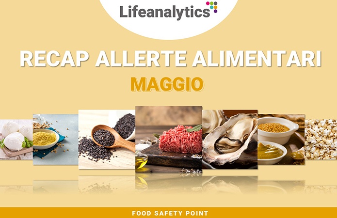 Insieme di fotografie di alimenti come mozzarella, farina di ceci, sesamo nero tostato, polpa di bovino macinata, ostriche concave, senape e pop corn simbolo dell'articolo del blog della business unit food di Lifeanalytics sulle allerte alimentari di maggio 2026