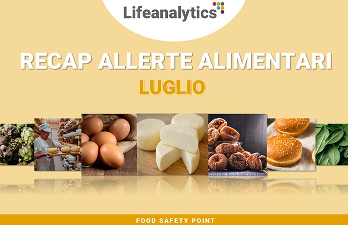 Insieme di fotografie di alimenti come carciofi sott'olio, formaggio di capra e caciotta fresca, fichi essiccati biologici, spinaci baby leaf, uova fresche, simbolo dell'articolo del blog della business unit food di Lifeanalytics sulle allerte alimentari di luglio 2026