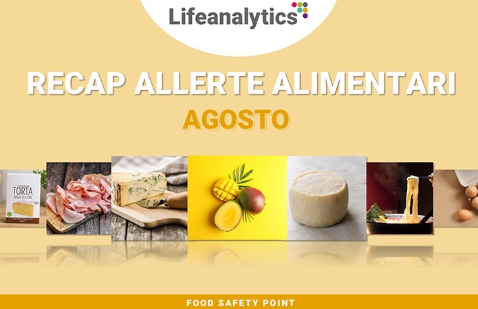 Insieme di fotografie di alimenti come preparato per torte, mortadella, gorgonzola, mango, formaggio fresco, ramen e uova, simbolo dell'articolo del blog della business unit food di Lifeanalytics sulle allerte alimentari di agosto 2026