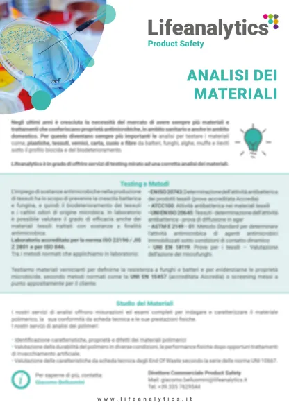 Illustrazione del flyer di servizio Product Safety che presenta il servizio Analisi dei materiali