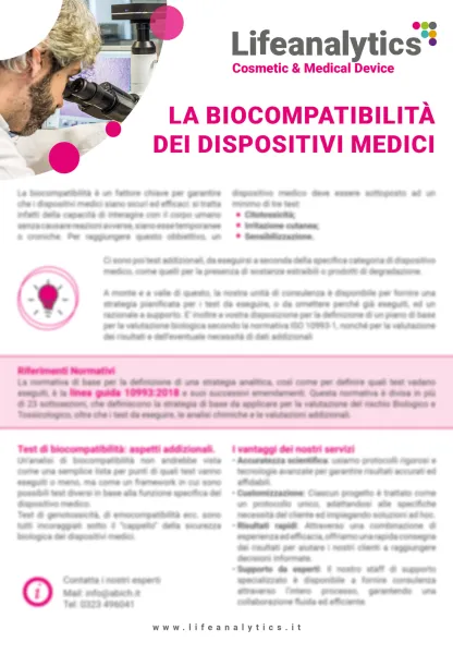 Illustrazione del flyer di servizio Cosmetic & Medical Device che presenta il servizio Biocompatibilità dei dispositivi medici