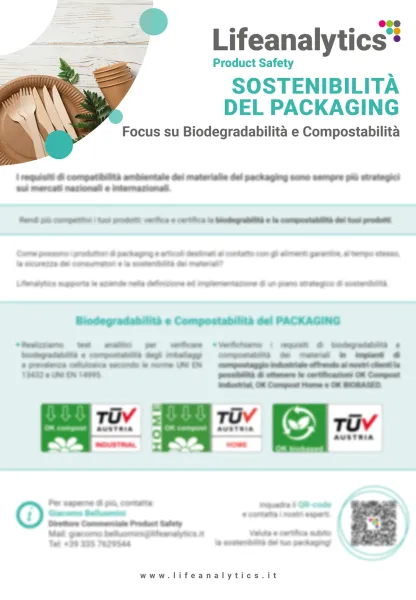 Illustrazione del flyer di servizio Product Safety che presenta il servizio Biodegradabilità e compostabilità