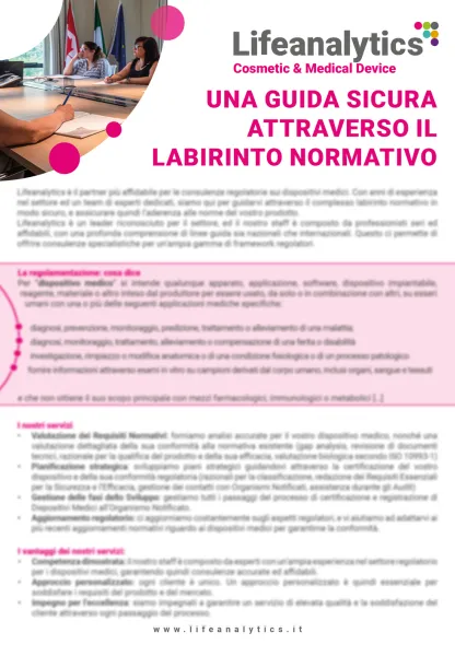 Illustrazione del flyer di servizio Cosmetic & Medical Device che presenta il servizio Guida sicura attraverso il labirinto normativo con Abich