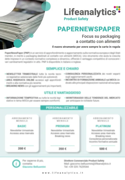 Illustrazione del flyer di servizio Product Safety che presenta il servizio Paper News Paper