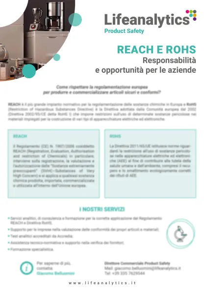 Illustrazione del flyer di servizio Product Safety che presenta il servizio Reach e Rohs