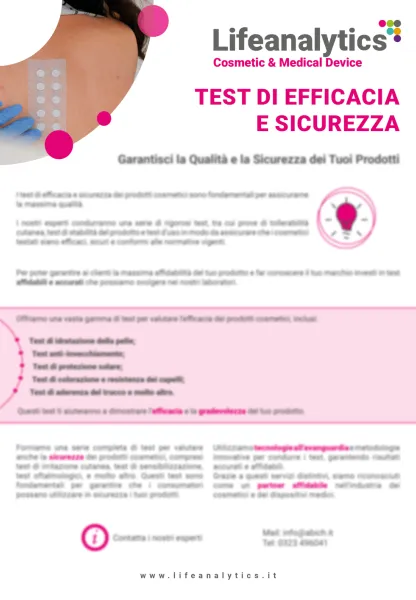 Illustrazione del flyer di servizio Cosmetic & Madical Devide che presenta il servizio Test di efficacia e sicurezza dei prodotti cosmetici