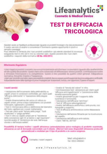 Illustrazione del flyer di servizio Cosmetic & Medical Device che presenta il servizio Test di efficacia tricologica